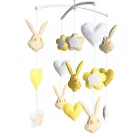 Baby Crib Bell Handmade Musical Mobile Baby Shower Gift Nursery Decor; Yellow Rabbit and Flower