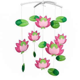 Baby Crib Mobile Pink Lotus Green Leaves Handmade Musical Mobile Baby Shower Gift Nursery Decor