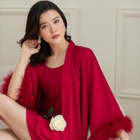 Women's Ice Silk Feather Pajamas Two Piece Set (Option: Red-M)