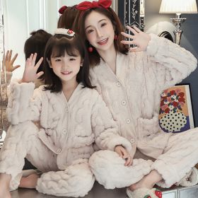 Girls Pajamas Coral Velvet Thickened Parent-child Mother And Daughter Clothes Set (Option: White-2XL)