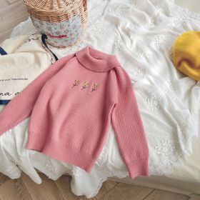 Baby Girl Flower Sweet Slipover Lapel Korean Children's Sweater Knitted Embroider Jacket (Option: Bean Pink-100cm)