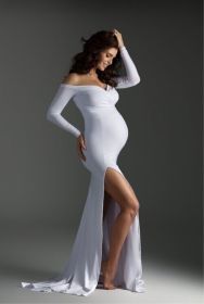 Cotton Maternity V-neck Slit Tail Dress (Option: White-M)