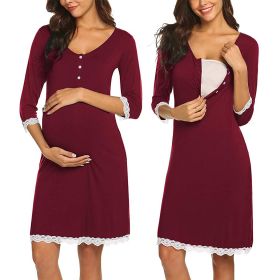 Pregnant Women Breastfeeding Five-point Sleeve Dress (Option: Red wine-L)