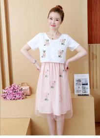 Summer Korean Fashion Mid-Length Short-Sleeved Fake Two-Piece Breastfeeding Plus Size Dress (Option: Pink-L)