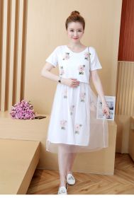 Summer Korean Fashion Mid-Length Short-Sleeved Fake Two-Piece Breastfeeding Plus Size Dress (Option: White-L)