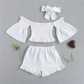 Summer Girls' Suit One-Shoulder Folds Flared Sleeve Shorts Three-Piece Shorts (Option: White-120cm)