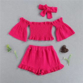 Summer Girls' Suit One-Shoulder Folds Flared Sleeve Shorts Three-Piece Shorts (Option: Rose Red-80cm)