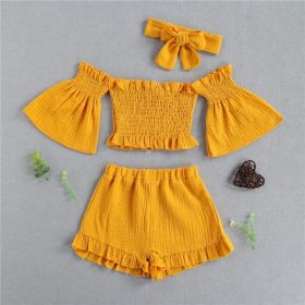 Summer Girls' Suit One-Shoulder Folds Flared Sleeve Shorts Three-Piece Shorts (Option: Yellow-110cm)