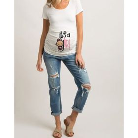 Women T-Shirts Slim Maternity Funny Letter Tops O-Neck Pregnancy Women (Option: Pink child-L)