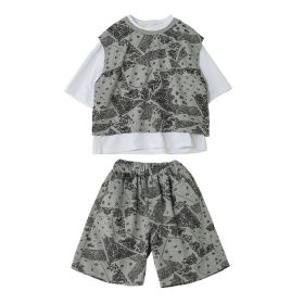 Boys Handsome Short-sleeved Shorts Suit Three-piece Trend (Option: Gray-100cm)