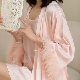 Women's Ice Silk Feather Pajamas Two Piece Set (Option: Pink-XL)