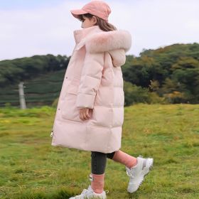 Girl Mid-length Winter Clothing Western Style Down Big Fur Collar Cotton Coat Jacket (Option: Pink-120cm)