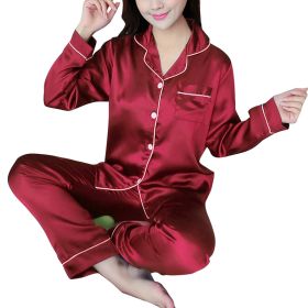 Women's Ice Silk Long Sleeve Home Pajama Set (Option: Wine Red-M)