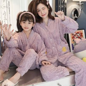 Girls Pajamas Coral Velvet Thickened Parent-child Mother And Daughter Clothes Set (Option: Purple-10)