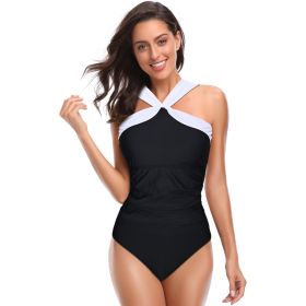 Women Large Size One Piece Cross Cover Nylon Quality Plus Fertilizer Swimsuit (Option: Black white-M)