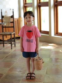 Cotton Cartoon Short Sleeved T-shirt For Children's Summer Wear (Option: Rose strawberry-140cm)