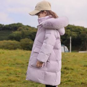 Girl Mid-length Winter Clothing Western Style Down Big Fur Collar Cotton Coat Jacket (Option: Purple-120cm)