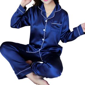 Women's Ice Silk Long Sleeve Home Pajama Set (Option: Royal blue-M)