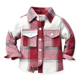 Children's Neutral Plaid Lapel Brushed Long Sleeve Top (Option: Red-80cm)