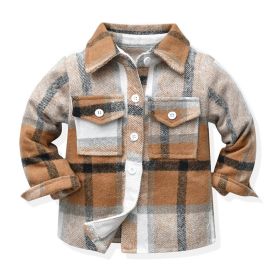 Children's Neutral Plaid Lapel Brushed Long Sleeve Top (Option: Brown-80cm)