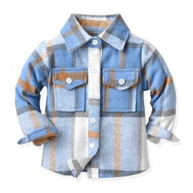 Children's Neutral Plaid Lapel Brushed Long Sleeve Top (Option: Blue-90cm)