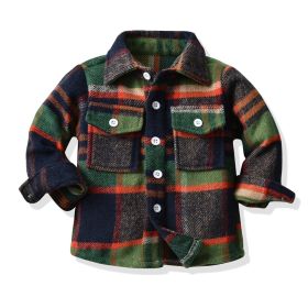 Children's Neutral Plaid Lapel Brushed Long Sleeve Top (Option: Dark Green-80cm)