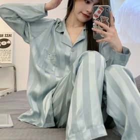 Women's Ice Silk Long Sleeve Home Pajama Set (Option: Green jacquard-M)