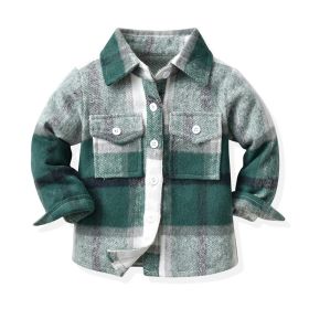 Children's Neutral Plaid Lapel Brushed Long Sleeve Top (Option: Green-120cm)