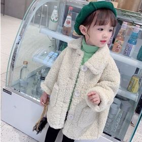 Girls' Coat Thick Mid-length Lamb Wool (Option: Beige-130cm)