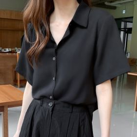 Women's French Retro Commuting Fashion Short-sleeved Shirt (Option: Black-L)